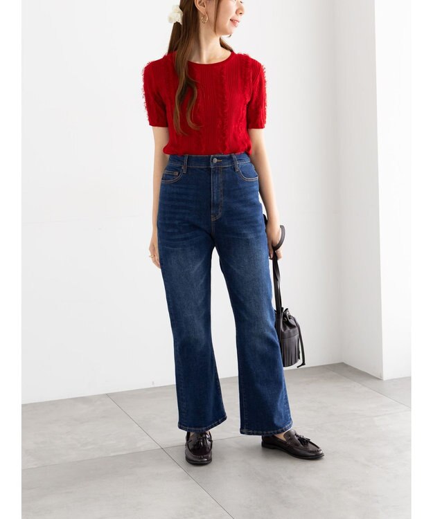 Te chichi フリンジニットハーフスリーブトップス レッド