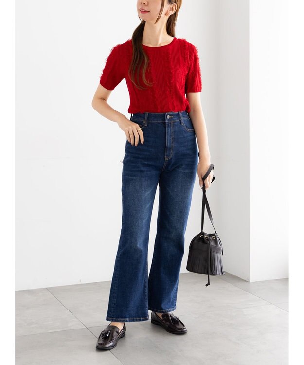 Te chichi フリンジニットハーフスリーブトップス レッド