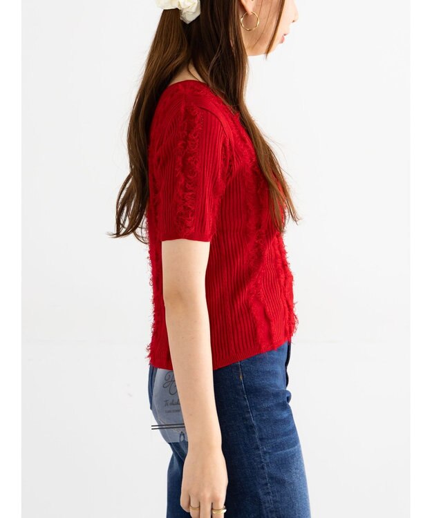 Te chichi フリンジニットハーフスリーブトップス レッド