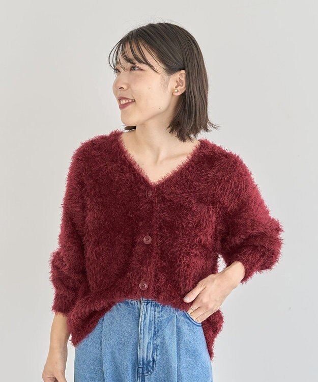 Green Parks シャギーＶネックカーディガン Bordeaux