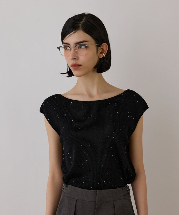 GRACE CONTINENTAL スパンコールリブトップ ブラック