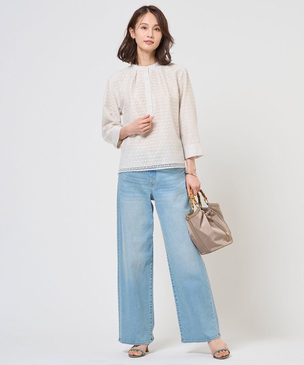 J.PRESS LADIES L 【洗える】BASIC STRETCH DENIM ワイド ストレート デニム ブリーチ系