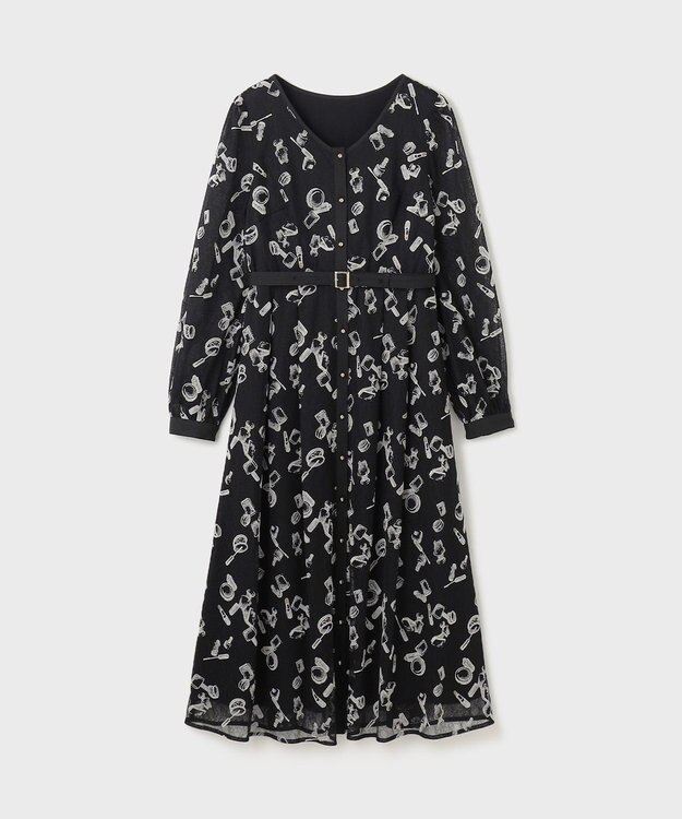 GRACE CONTINENTAL コスメフロッキープリントワンピース ブラック