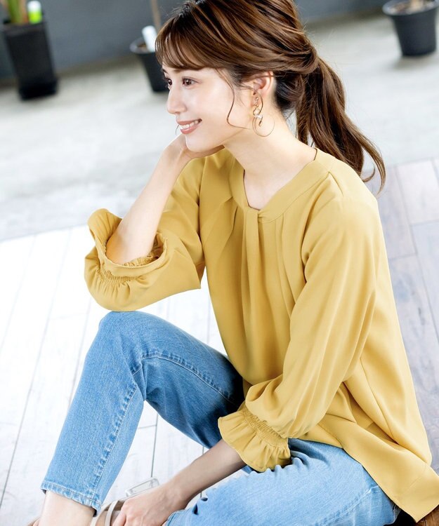 Tiaclasse L 【洗える】ボウタイ風チュニック イエロー