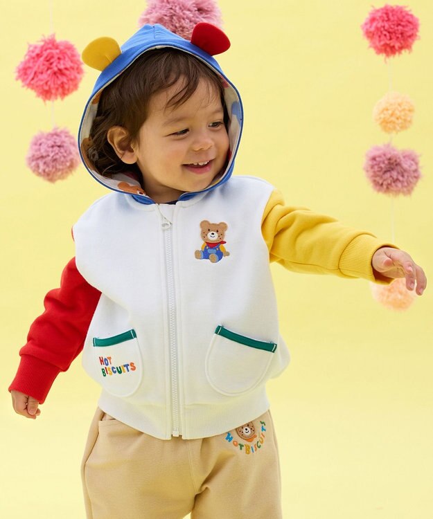 MIKI HOUSE HOT BISCUITS 【80-120cm】マルチカラー 裏毛パイル くまみみパーカー 白