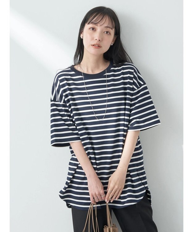 earth music&ecology ラウンドチュニックＴ Border Navy