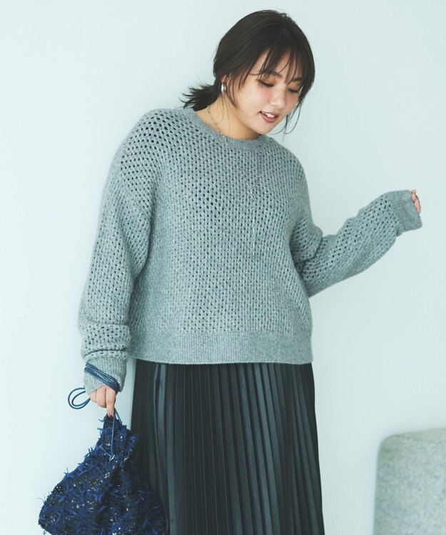 UNFILO L 【野呂佳代さん着用】ふわふわニット メッシュプルオーバー グレー