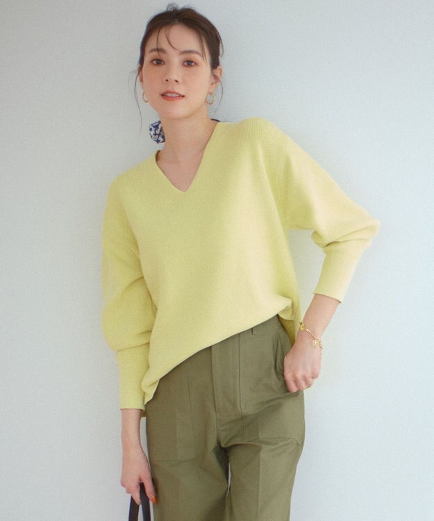 23区 L 【洗える】コンパクトコットンポリエステル Vネック ニット イエロー系
