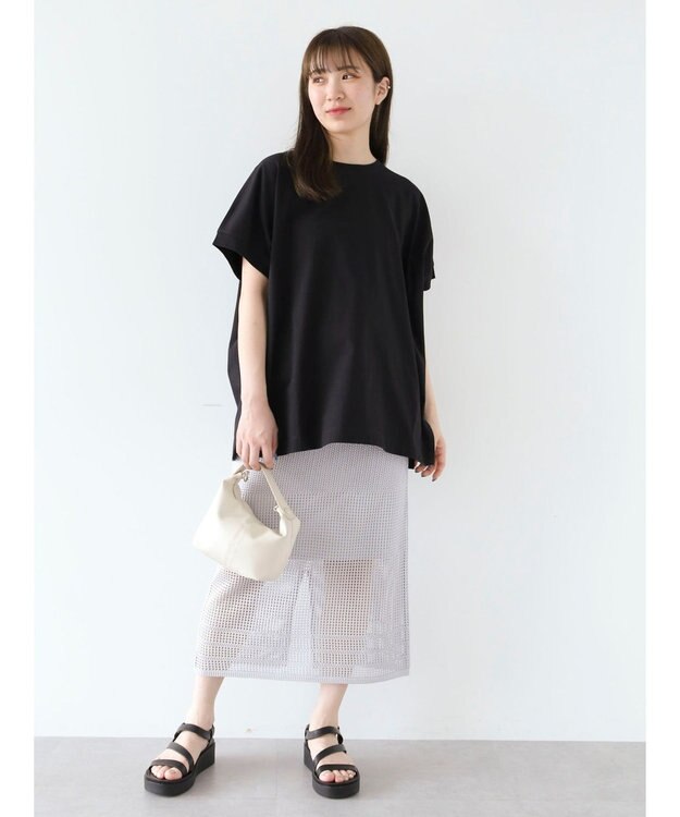 Green Parks インド綿 フレンチスリーブ前後差カットプルオーバー Black