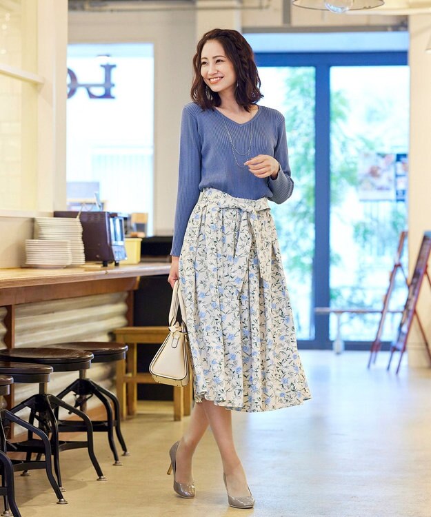 Tiaclasse 【洗える】異素材を組み合わせた花柄リブニットコンビワンピース ブルー