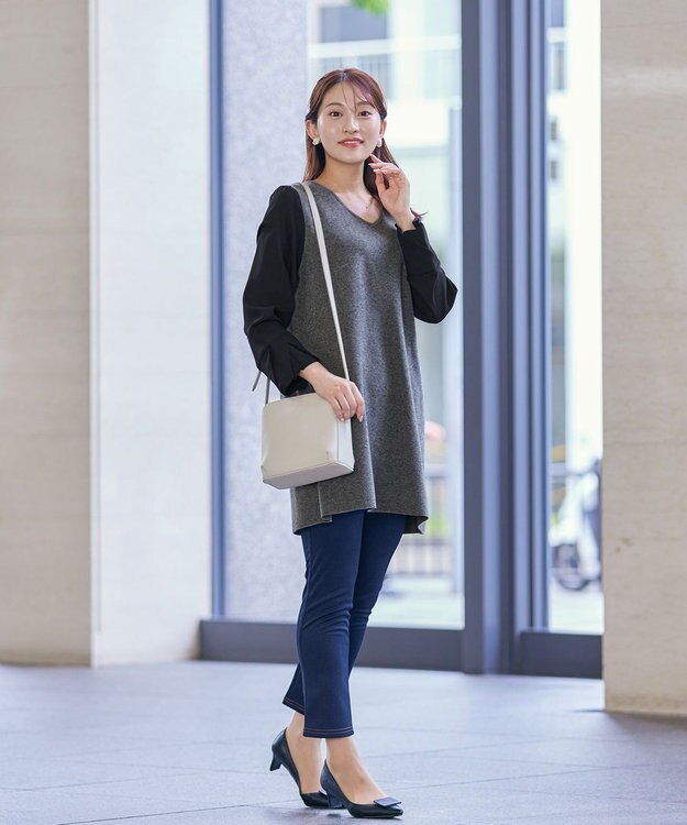 Tiaclasse 【洗える】タック袖コンビニットチュニック チャコールグレー