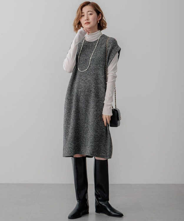 23区 【SLOW/一部店舗限定】ニットトータル スリーブレス ワンピース オフ×ブラック杢