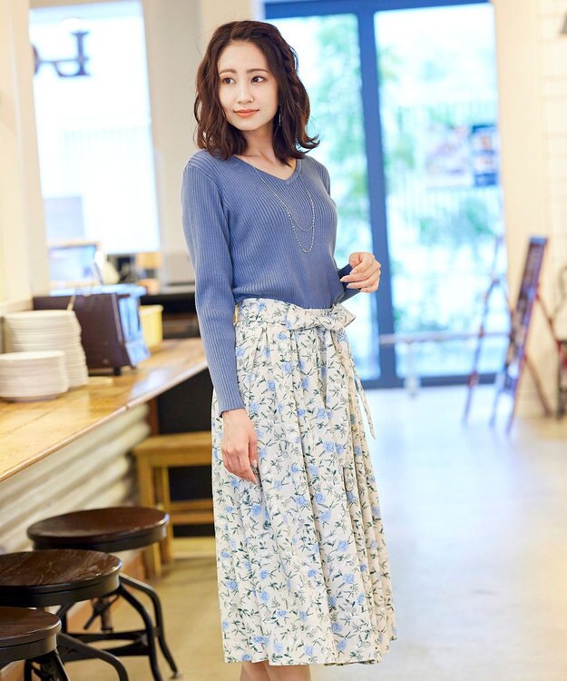 Tiaclasse 【洗える】異素材を組み合わせた花柄リブニットコンビワンピース ブルー