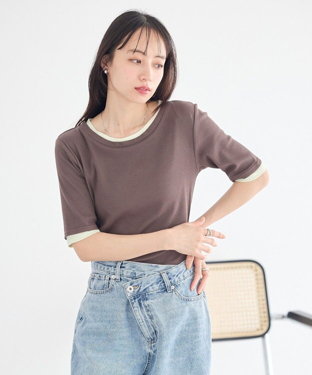 earth music&ecology レイヤードライクバイカラープルオーバー Brown
