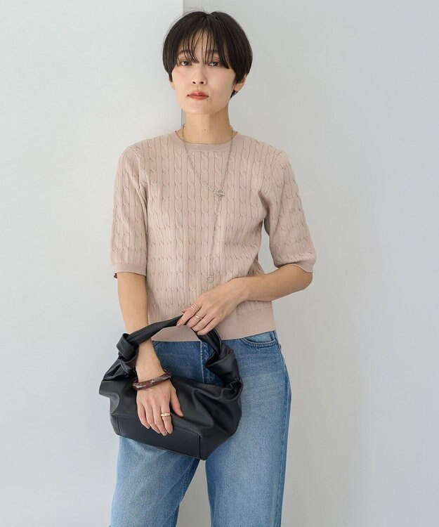 AMERICAN HOLIC ケーブル５分袖ニットプルオーバー Beige