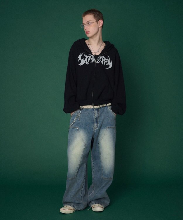 WEGO 【ユニセックス着用ITEM】ワッフルグラフィックカットZIPパーカー ブラック