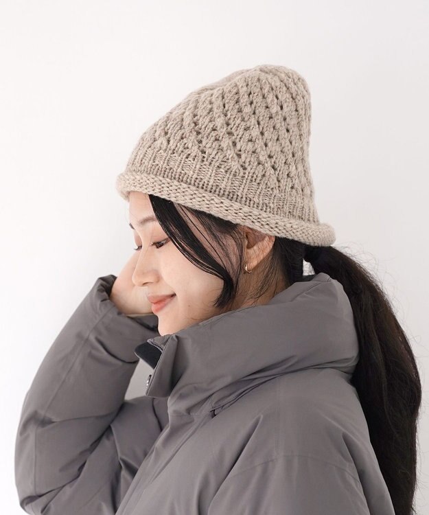 石田製帽 【防寒対策・日本製】ウールロールアップ ニット帽 ライトベージュ