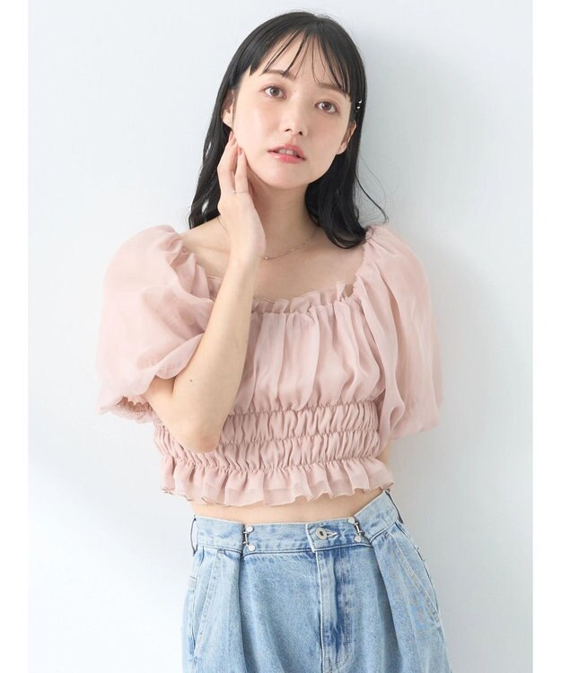 earth music&ecology パフスリーブシャーリングブラウス Pink Beige