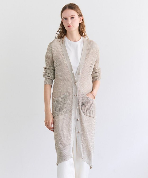 BEIGE， OPTICAL / ペーパーヤーンシアーロングカーディガン Flax