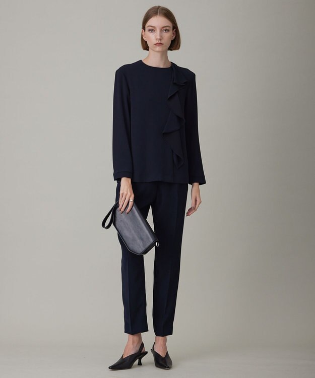 ICB L 【洗える】ライトダブルクロス フリルデザインブラウス ネイビー系