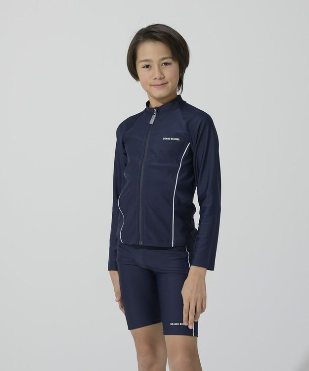 BEAMS SCHOOL 長袖フルZIPラッシュガード ネイビー×ホワイト