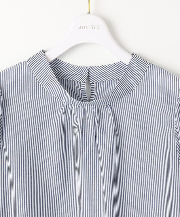 ANY SIS S 【洗える】フェイクパールストライプ ブラウス ネイビーストライプ