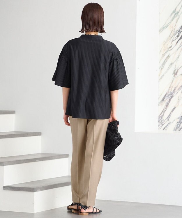 自由区 L 【洗える】ストレッチシャーティング 5分袖 フレアスリーブブラウス ブラック系1