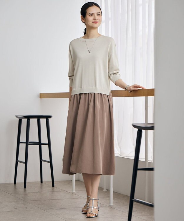 自由区 S 【人気異素材コンビの最新作・前後着用可】タフタコンビ ワンピース ベージュ×モカ