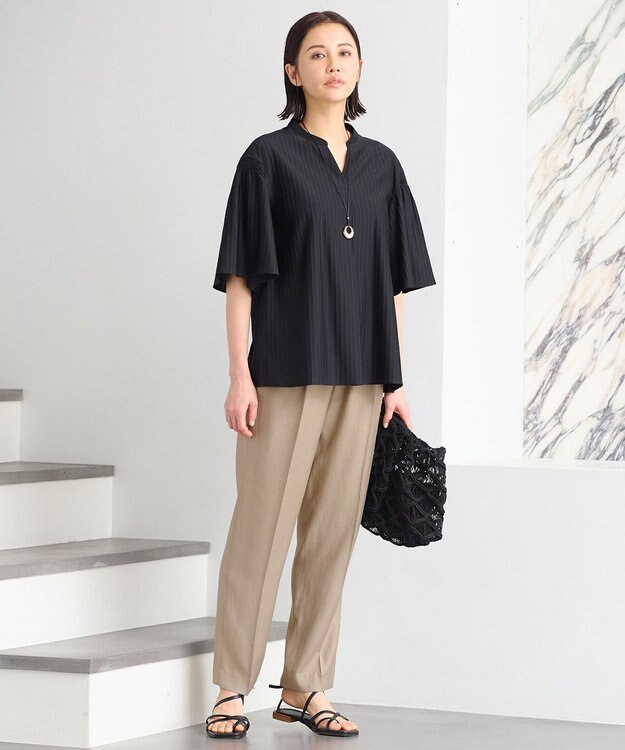 自由区 L 【洗える】ストレッチシャーティング 5分袖 フレアスリーブブラウス ブラック系1