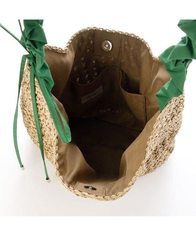 UNBILLION カシュカシュ cachecache / ドロストフリルハンドル地柄編みトート カゴバッグ グリーン