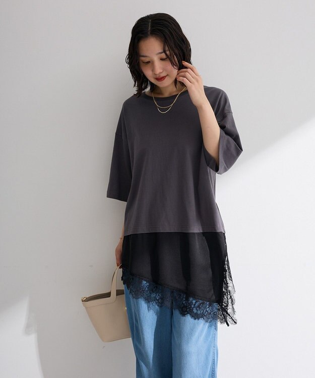 Green Parks レースドッキングＴシャツ Charcoal Gray