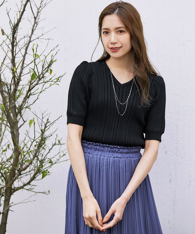 Tiaclasse L 【洗える】パフスリーブ透かし編みニットトップス ブラック