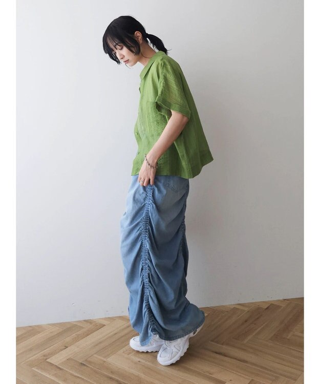 Green Parks シアーストライプショート丈シャツ Green