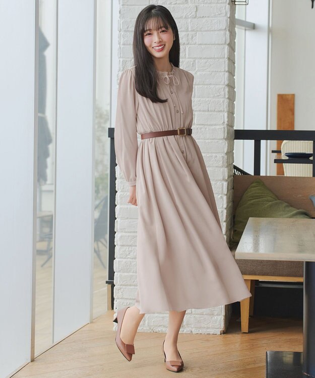 Tiaclasse L 襟フリルリボンワンピース ベージュ