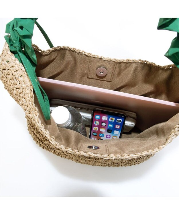 UNBILLION カシュカシュ cachecache / ドロストフリルハンドル地柄編みトート カゴバッグ グリーン