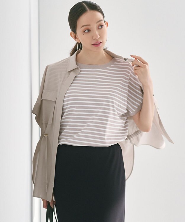 23区 L 【新色追加/洗える】レーヨンポリエステルストレッチ プルオーバー ニット ベージュ×オフ