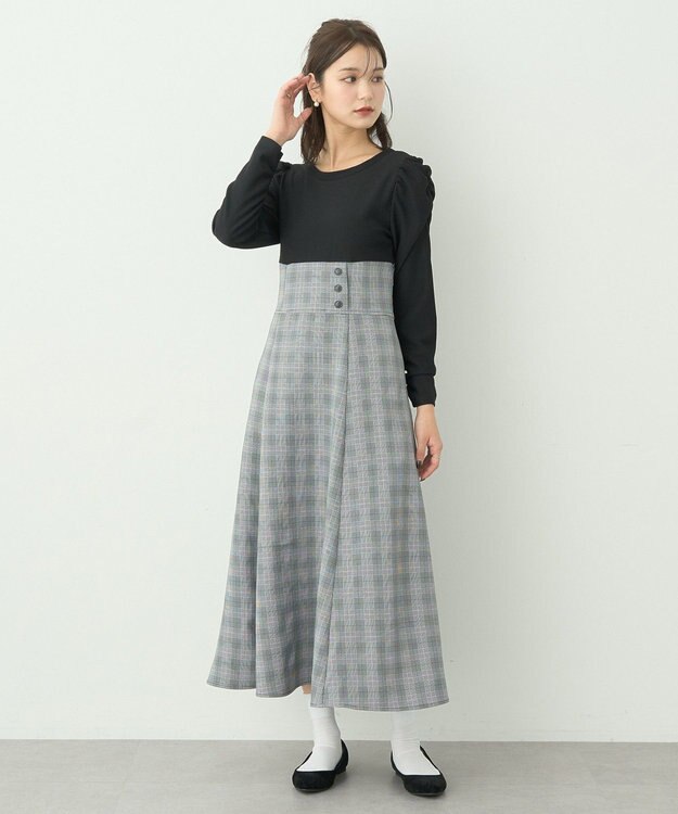 earth music&ecology リブカットソードッキングワンピース Black