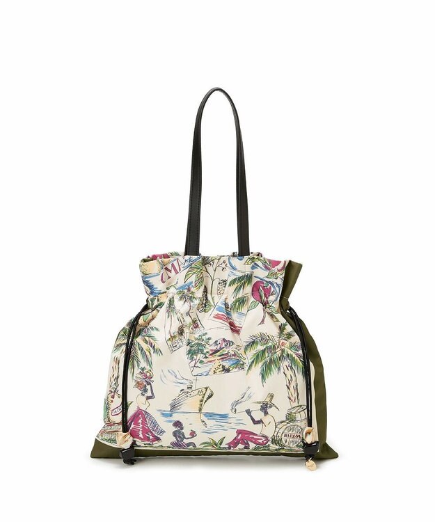 TOPKAPI 【TREASURE TOPKAPI】マイルドサテン スカーフ柄 巾着 トート バッグ カーキ