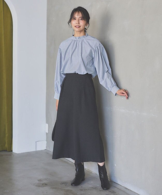 ANY 【洗濯機可能/ウエストゴム】ライトツイード ワイドパンツ チャコール