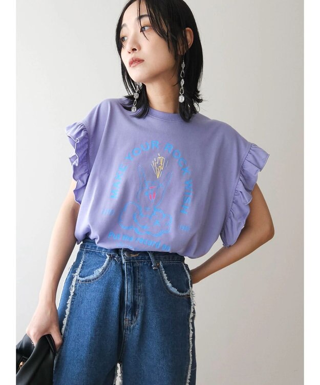 Green Parks ・ＤｏｕｂｌｅＦｌａｇｓ　フリルショルダープリントＴＥＥ Purple