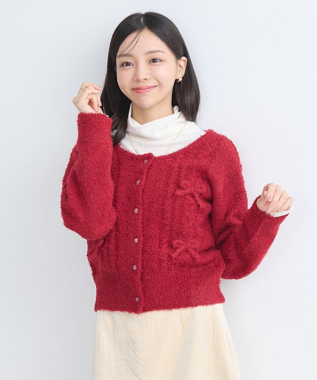 earth music&ecology リボンクルーネックカーディガン Red