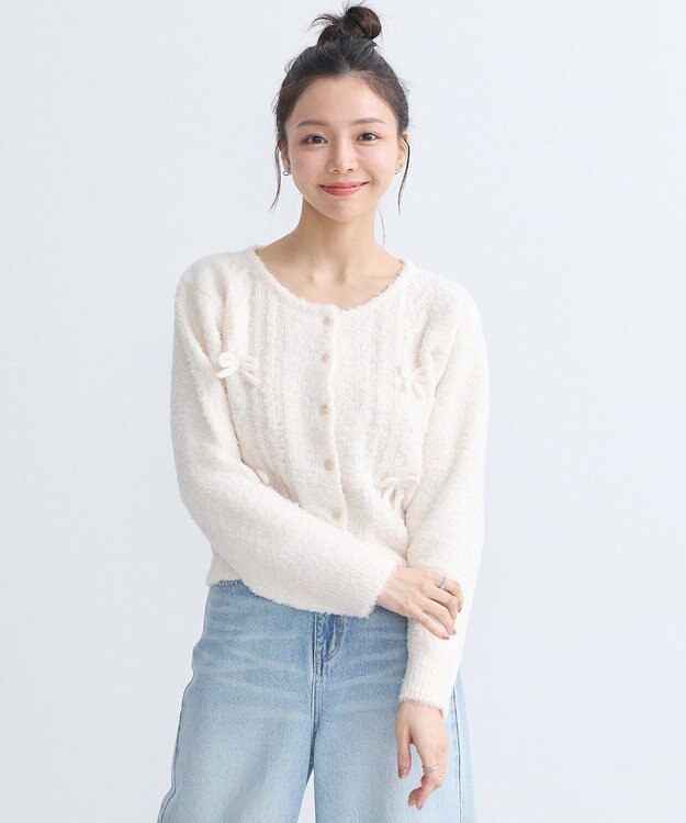 earth music&ecology リボンクルーネックカーディガン Ivory