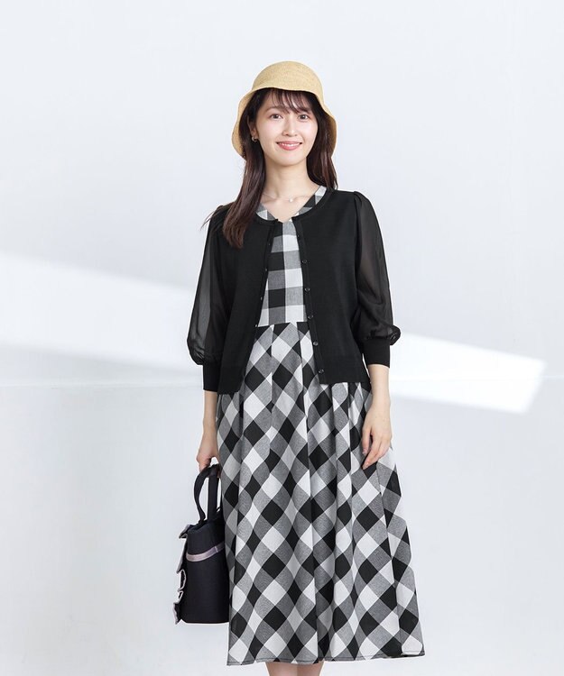 Tiaclasse 【袖が選べる・洗える】大柄ギンガムチェックワンピース 半袖：ブラック