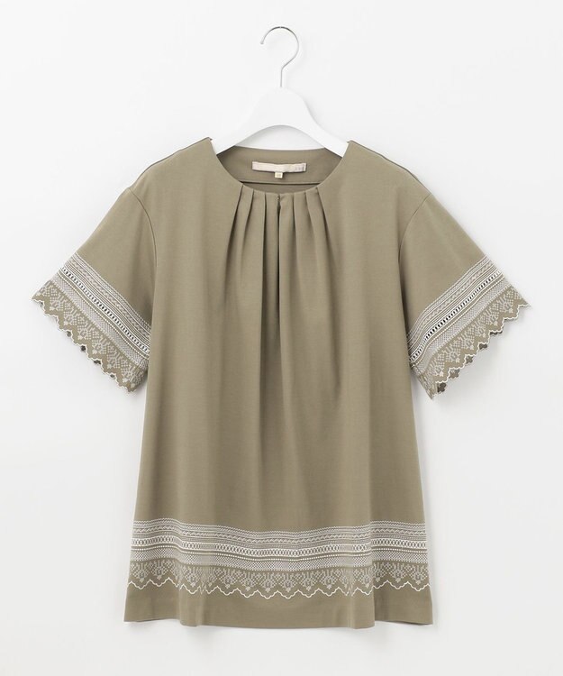 自由区 【洗える】エンブロイダリー チュニック丈カットソー カーキ系