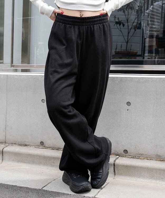 WEGO 【ウエストゴム】スウェットワイドパンツ ブラック