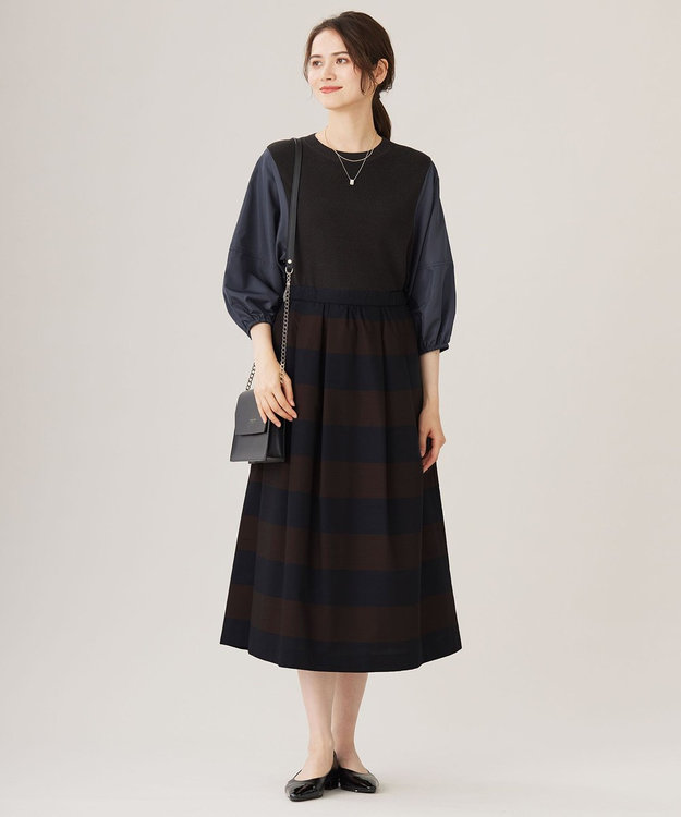 自由区 L 【カタログ掲載・洗える】スラブシャンタン スカート ネイビー×ブラウン