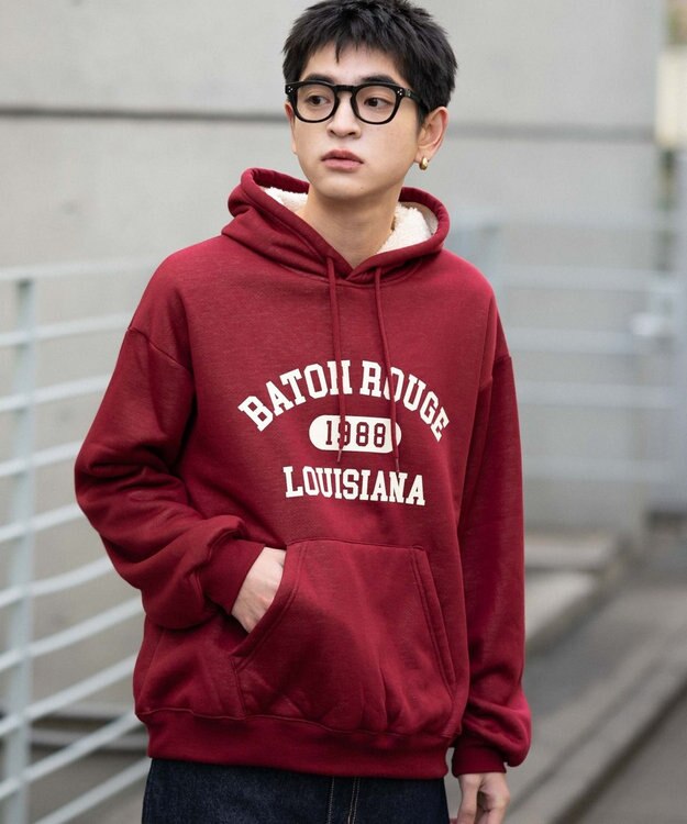 WEGO 【ユニセックス着用ITEM/裏起毛】カレッジロゴボアパーカー ワイン