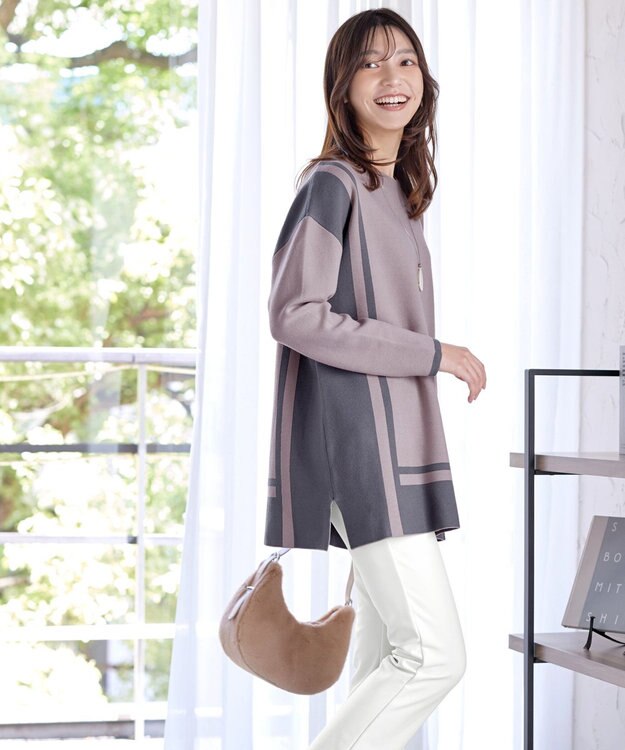 Tiaclasse 【新色追加・洗える】配色ニットチュニック グレージュ×チャコールグレー