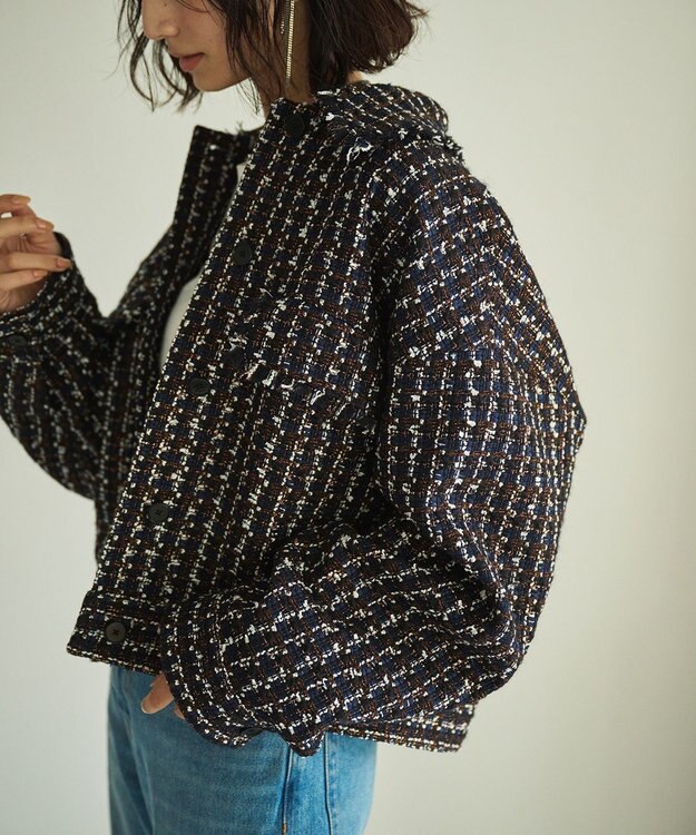 #Newans ツイードブルゾン ネイビー×ブラウン