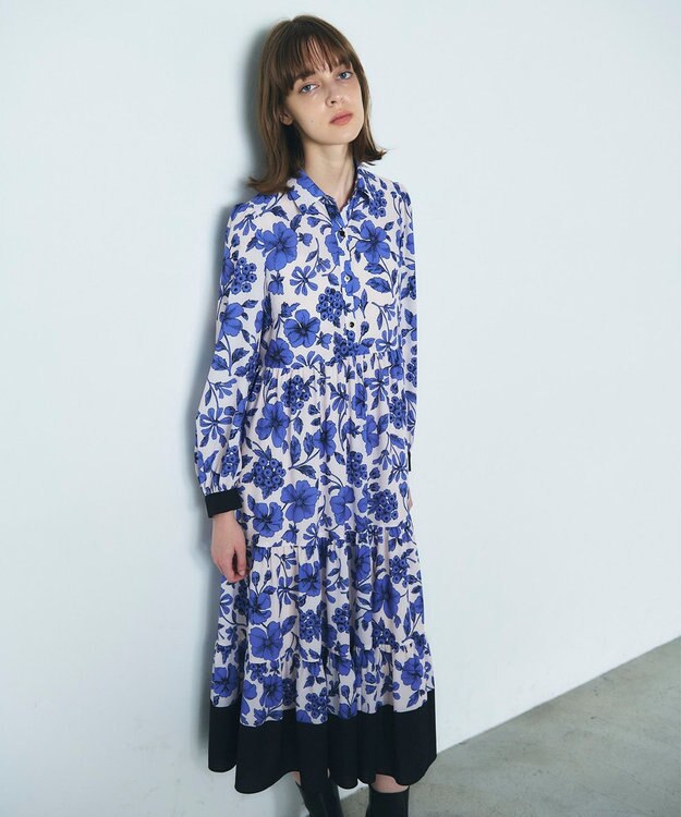 GRACE CONTINENTAL フラワープリントティアードワンピース ブルー